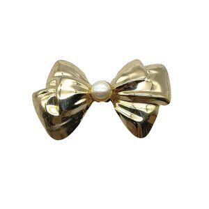 Vintage Classy Bow Brooch with Faux Pearl Cabochon, Polished Gold Tone Lapel Pin